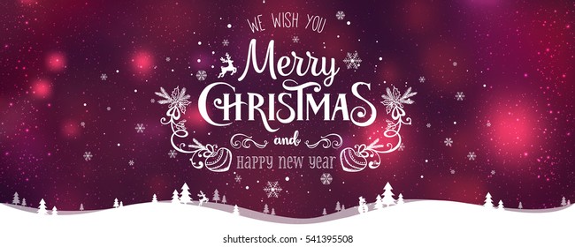 Christmas deer and Christmas   New Year Typographical light background and winter landscape and snowflakes  light  stars  Xmas card  Vector 