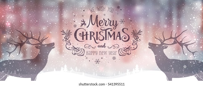 Christmas deer with Christmas and New Year Typographical on light background with winter landscape with snowflakes, light, stars. Xmas card. Vector 
