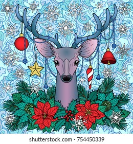 Christmas deer with objects composition on doodle seamless pattern. Winter square new year colorful pattern for greeting cards, mock ups, textile prints and covers.