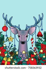 Christmas deer with objects composition. Winter new year colorful A4 pattern for greeting cards, mock ups, textile prints and covers with text place.