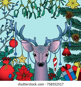 Christmas deer with objects frame composition. Winter square new year colorful pattern for greeting cards, mock ups, textile prints and covers with text place.