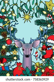 Christmas deer with objects frame composition. Winter new year colorful A4 pattern for greeting cards, mock ups, textile prints and covers with text place.