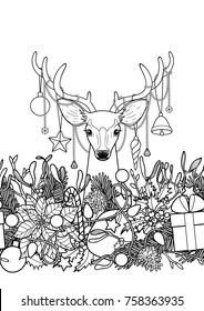 Christmas deer with objects seamless horizon border. Winter square new year black and white wallpaper for greeting cards, mock ups, coloring page and textile prints with text place.