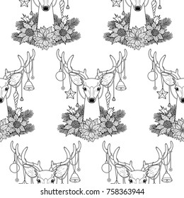 Christmas deer with objects seamless pattern. Winter square new year black and white wallpaper for greeting cards, mock ups, coloring page and textile prints.