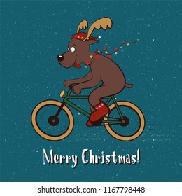 Christmas deer on a bicycle. Vector illustration. Merry Christmas! Post card, print design, banner, poster. Winter.