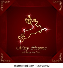 Christmas deer on red background with ornate elements, illustration.