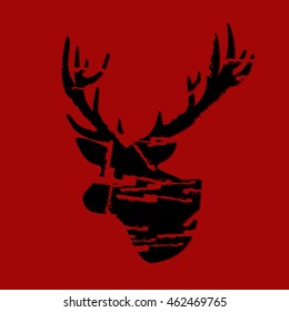 Christmas deer on a red background. Shabby deer, elk, horned animal for the logo, posters, postcards New Year and Christmas.