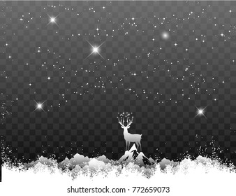 Christmas deer on snowfall background. Isolated xmas background. New Year abstract background