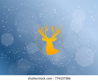 Christmas deer on snowfall background. Isolated xmas background. New Year abstract background
