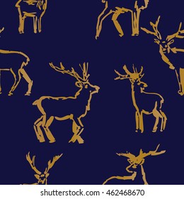 Christmas deer pattern. A set of sketches of deer on a blue background. Design element for greeting card Christmas and New Year. Vector illustration