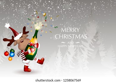 Christmas deer with a piglet. Cute and funny character Deer. Christmas card. Vector illustration of Christmas card with cartoon deer. Christmas card. New Year