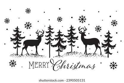 Árboles de venado y pino de Navidad, dibujos en blanco y negro con copos de nieve y Feliz texto de Navidad - Vector de clipart blanco y negro de Navidad 