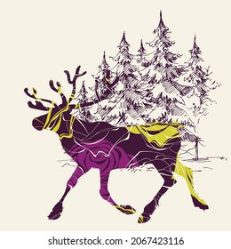 Christmas deer and pine trees forest greeting card