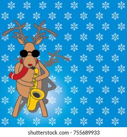 Christmas deer plays the saxophone. vector card