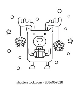 Christmas Deer with Present box Snowflake Vector. Black and white. White background. Line drawing.