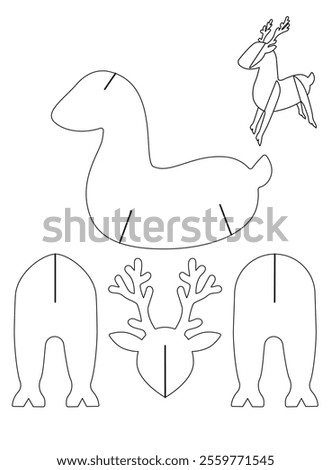 Christmas Deer, Printable DIY template for 3D figurine simple cardboard craft Deer. Vector image of parts for laser cutting. Reindeer do it yourself decor for winter holidays