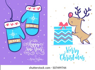 Christmas deer pushes gift. Mittens with hearts. Christmas greeting card background poster. Merry christmas and Happy new year illustrations.