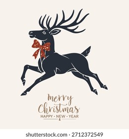 Cervo de Natal com Arco Vermelho. Feliz Ano Novo Projeto de Fundo. Impressão de férias de inverno. Xmas Design com Cute Deer. Ilustração de vetor. Não é IA