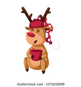 Christmas deer with red hat and mug with tea vector illustration on a white background