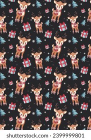 Christmas deer with a red hat and scarf. Christmas seamless pattern with deer and gifts and trees on grey background. Christmas wrapping paper, pattern seamless, winter greetings, winter pattern.