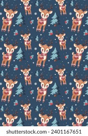 Christmas deer with a red hat and scarf. Christmas wrapping paper, pattern seamless, winter greetings, web page background. Winter pattern with snowflakes.  Christmas New Year greeting cards.
