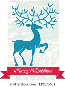 Christmas deer with red ribbon, beautiful vintage  illustration, vector