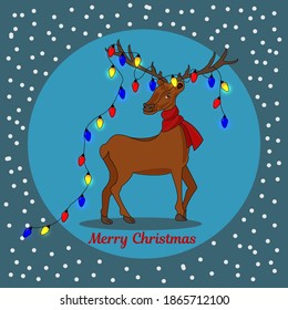 Christmas deer with red scarf, Christmas card, vector illustration, Deer with big horns with Christmas tree garland with retro background