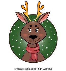 Christmas deer with a red scarf. Vector illustration.