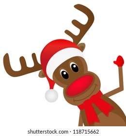 Christmas deer in a red scarf waving paw