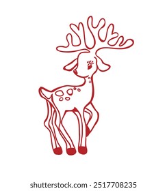 Christmas deer red stencil drawing.Winter cartoon baby reindeer with horns.Decoration.Vector outline silhouette.Happy New Year.Merry Christmas.Plotter laser cutting.Vinyl wall sticker decal.Print.DIY.