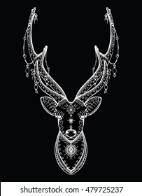 Christmas deer. Reindeer Santa. Antlers with garlands. Portrait of deer. deer head. Stylized deer. Line art. Ornamental. Drawing by hand. Doodle. Tattoo.