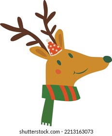 Venado de Navidad Rudolf con sombrero de Navidad y bufanda verde. Feliz Año Nuevo.