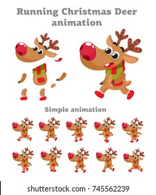 Christmas Deer Running Animation. Ready For Animation Character. Cartoon Style Vector Illustration