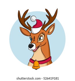 Christmas deer in Santa Claus hat with Christmas bell. Hand drawn picture made in a classic cartoon style, isolated on white background.
