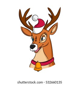 Christmas deer in Santa Claus hat with Christmas bell. Hand drawn picture made in a classic cartoon style, isolated on white background. 