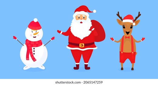 Christmas deer, Santa Claus and snowman vector illustration
