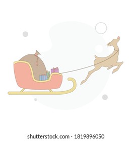 Christmas deer with santa sleigh and gift bag vector flat illustration on white background