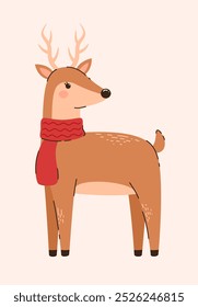 Christmas deer in a scarf. Flat vector illustration.