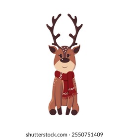 Christmas deer with a scarf. Funny New Year character. Vector illustration.