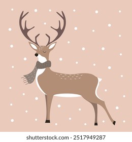 Christmas deer with a scarf under the snow. Winter vector illustration