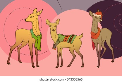 Christmas deer in scarfs, sweaters and Christmas hats. New Year's little fawns. Colorful deer. Deer set. Vector illustration.