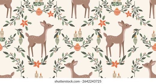Christmas deer seamless pattern with floral decoration and candles