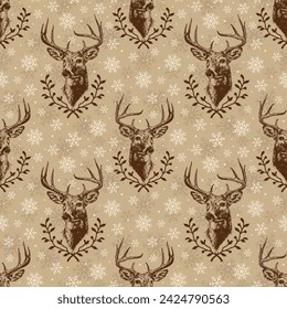 Christmas Deer Seamless Pattern, Snowflakes, Vintage Deer Stag- Christmas Vector Design