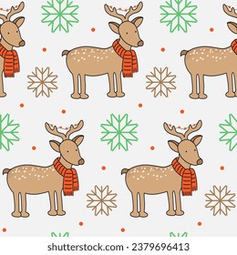 Christmas deer seamless pattern. Vector illustration of animal with holiday decorations. Drawing of stag with winter scarf and festive garland on horns. New year background with snowflakes.