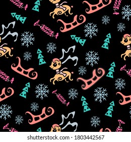christmas deer, seamless pattern with winter elements, sleigh, snowflakes, on a black background, stylish design for packaging and fabric