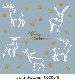 Christmas deer. A set of sketches of deer on a white background. Design element for greeting card Christmas and New Year. illustration