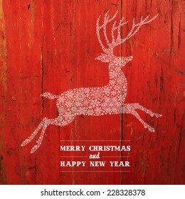 Christmas Deer Silhouette On Red Planks Texture. Vector