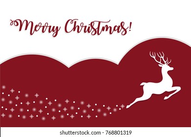 Christmas deer silhouette running over red. Merry Christmas lettering. Vector illustration