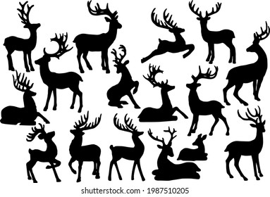 Christmas deer silhouettes set on white background