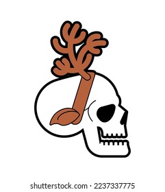 Christmas deer skull. Skeleton head with deer antlers. Christmas and New Year scary illustration.